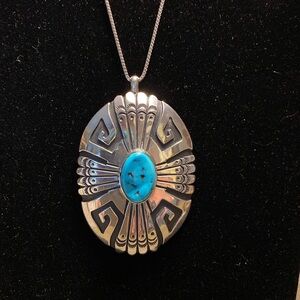 Rare Vtg Large Sterling Thomas Singer Natural Turquoise Navijo Design Pendant